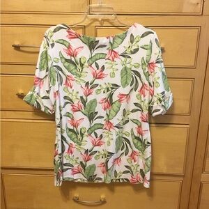 KAREN SCOTT T-shirt 0X Coffe sleeve, boat, neck, pink and green floral print